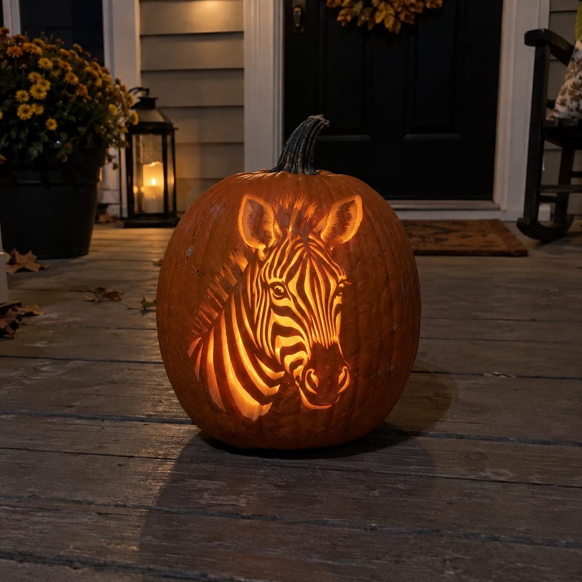 Glowing Zebra Portrait Carved Pumpkin
