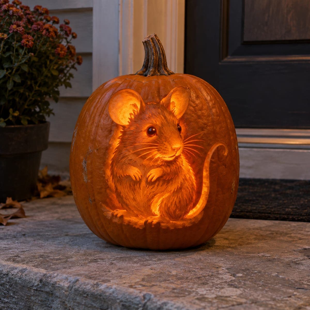 Sweet Field Mouse Etched Luminary Pumpkin