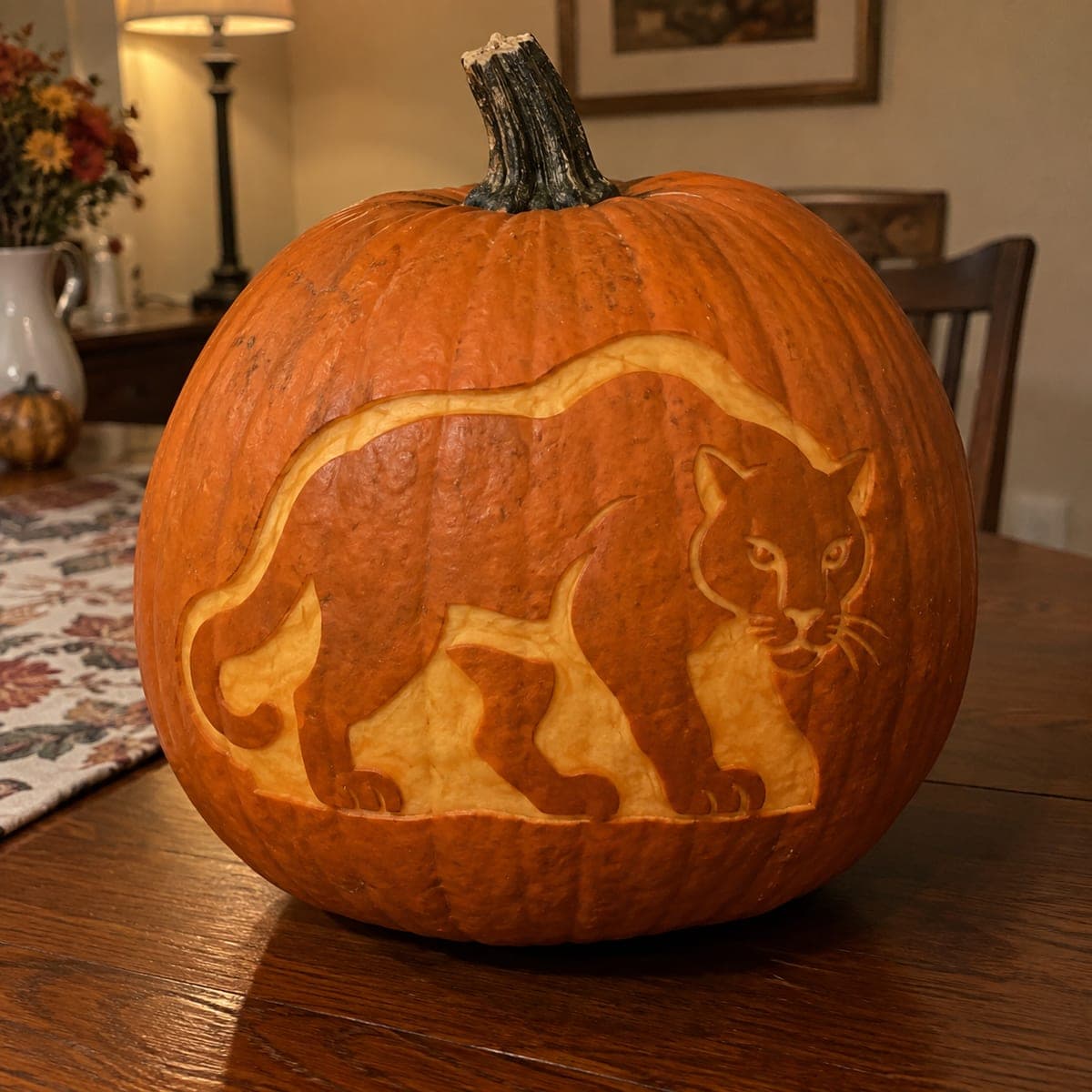 Prowling Mountain Lion Silhouette Pumpkin Carving