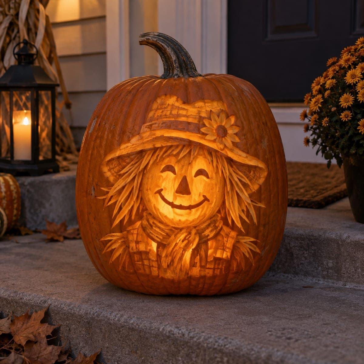 Smiling Scarecrow With Sunflower Hat Jack-O-Lantern