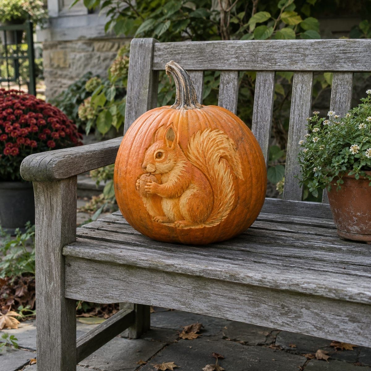 Autumn Squirrel With Acorn Relief Pumpkin