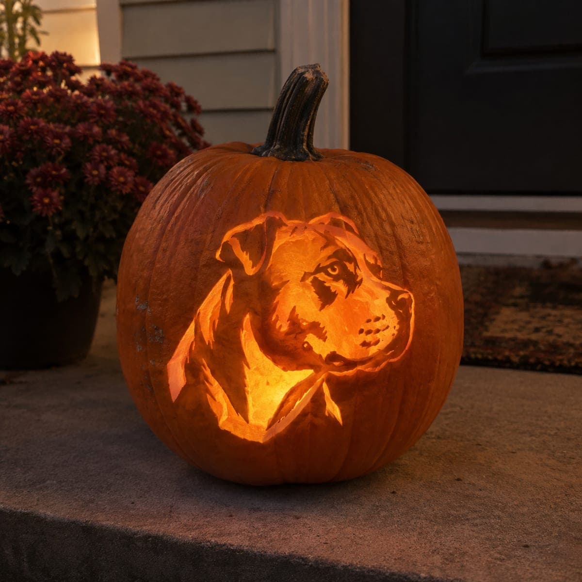 Pit Bull Portrait Carved Glowing Pumpkin