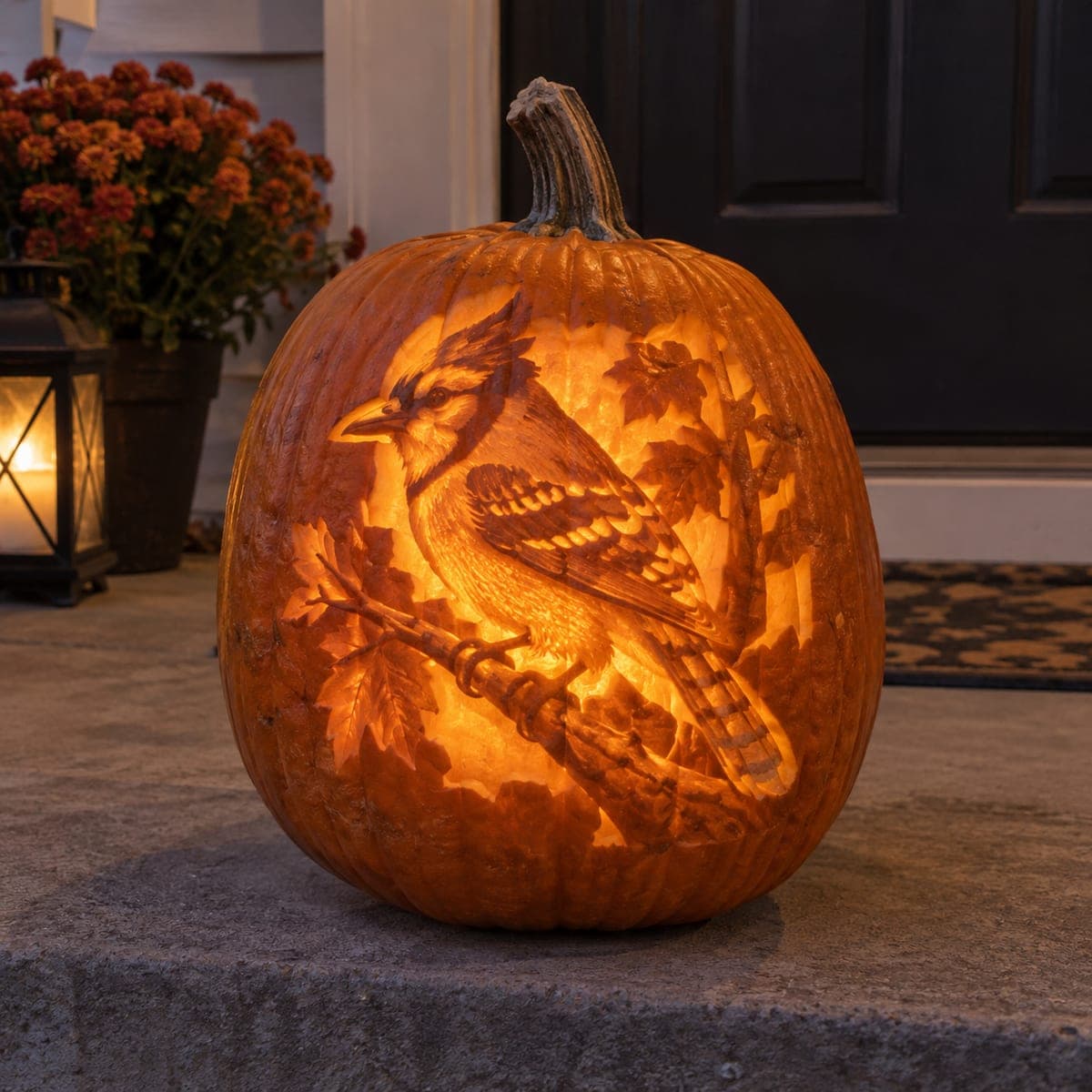 Blue Jay Among Maple Leaves Etched Pumpkin