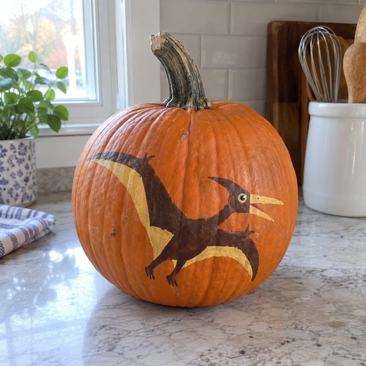 Playful Painted Pterodactyl Dinosaur Pumpkin