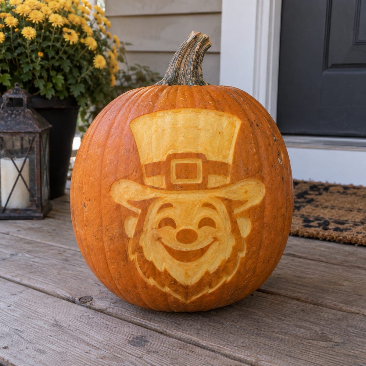 Grinning Leprechaun in Top Hat Carved Pumpkin