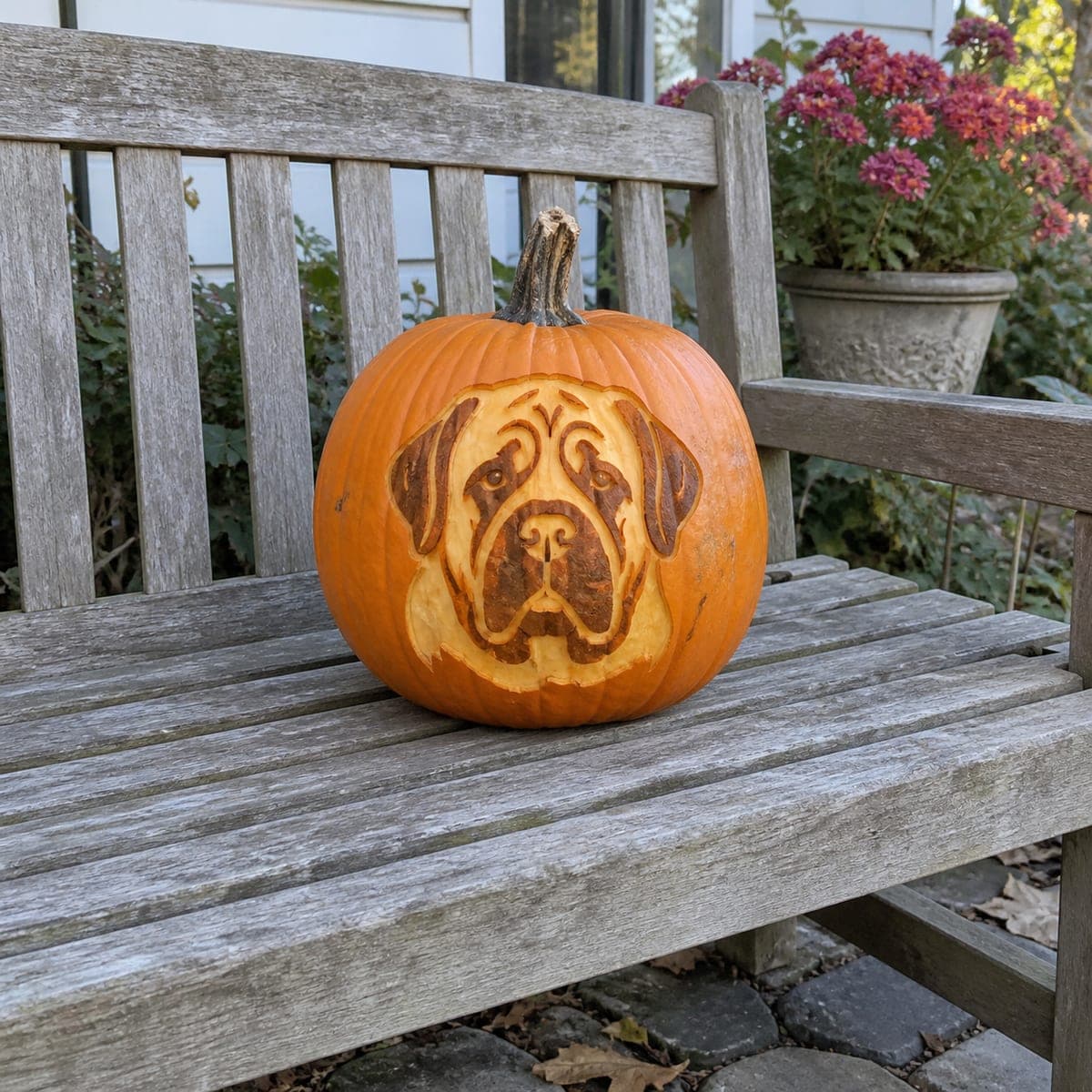 Gentle Mastiff Face Carved Pumpkin Portrait