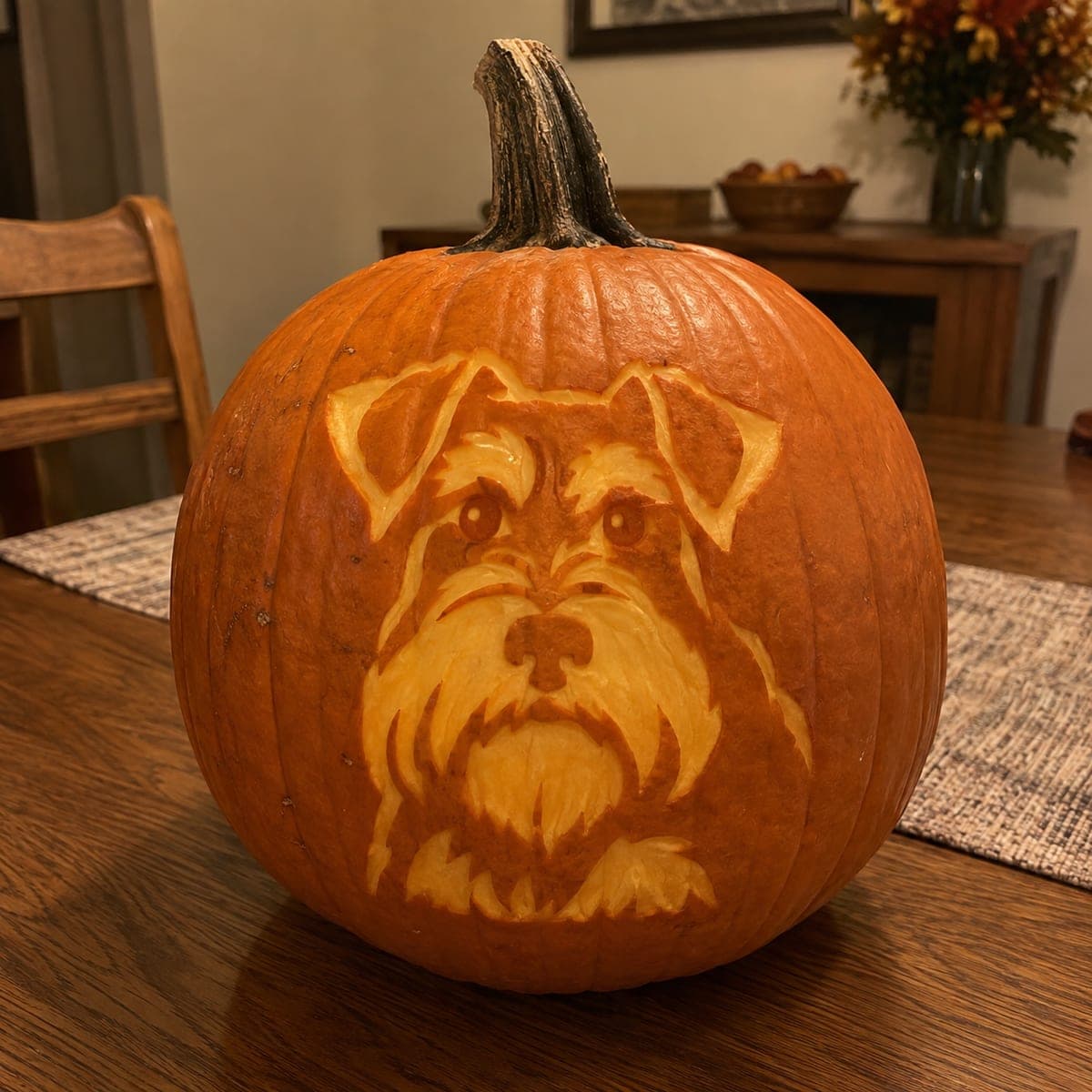 Schnauzer Dog Portrait Etched Jack-O-Lantern