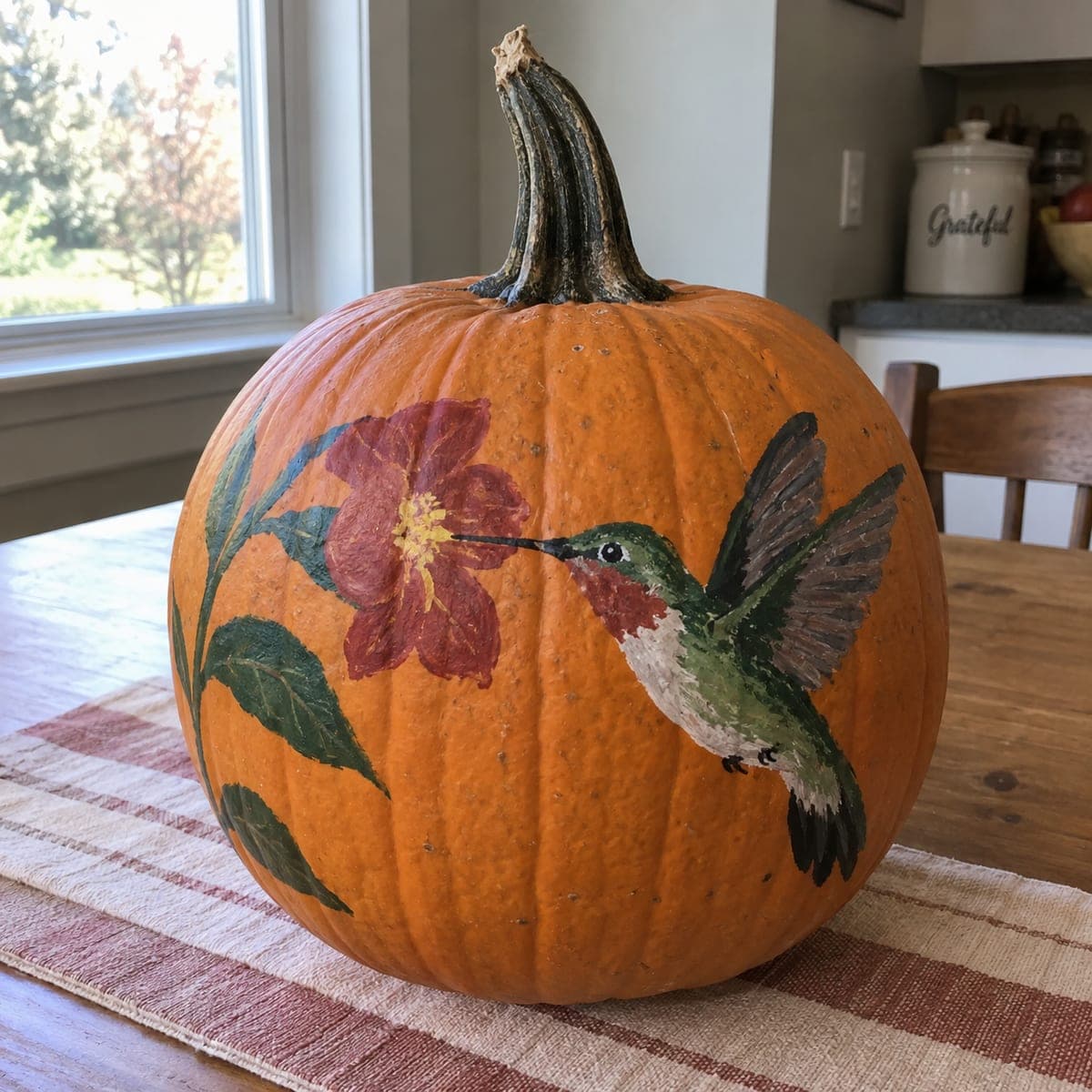 Hummingbird and Red Blossom Painted Pumpkin