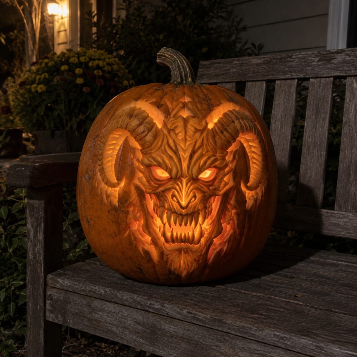 Horned Demon Jack-O-Lantern With Fiery Fangs