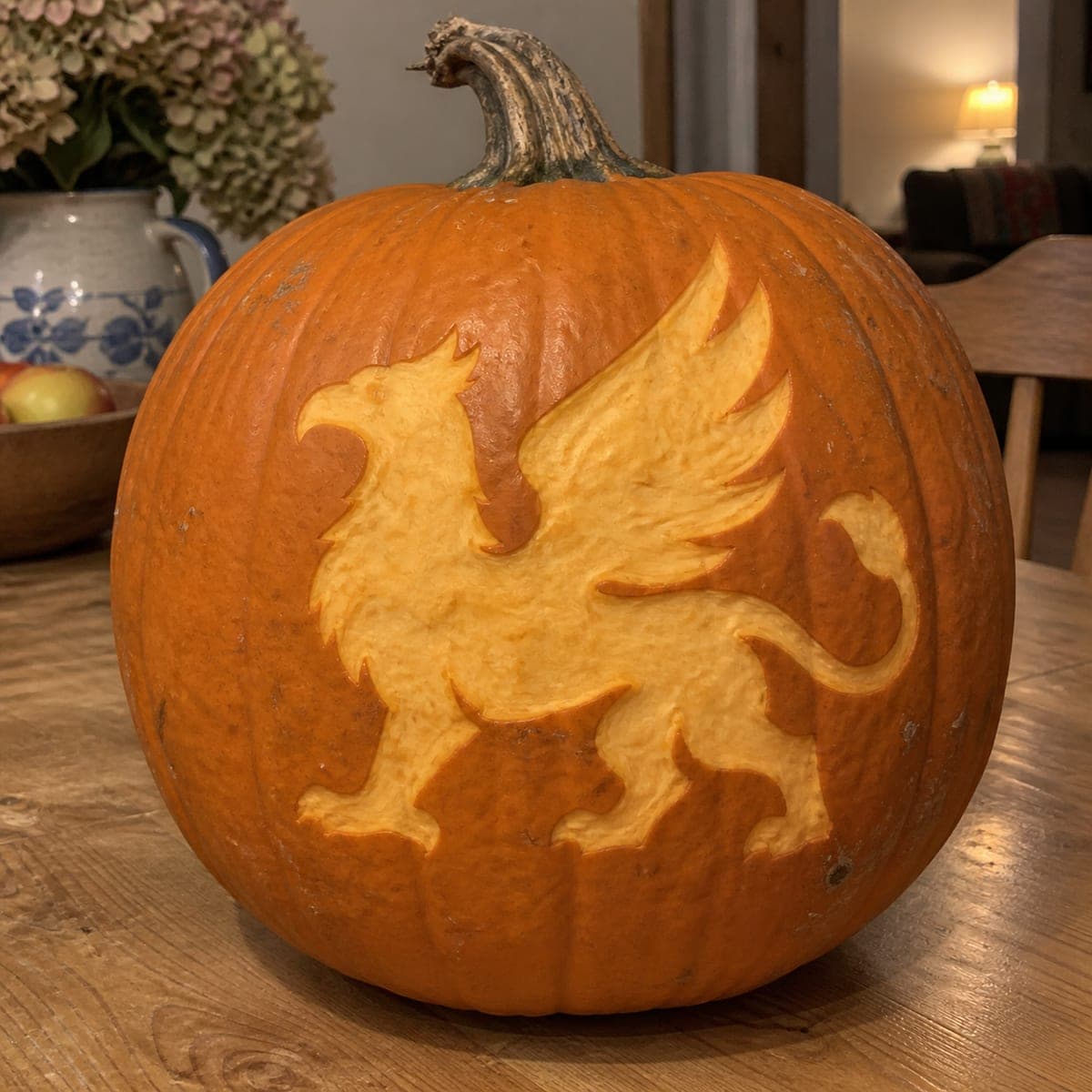 Heraldic Griffin Etched Pumpkin Design