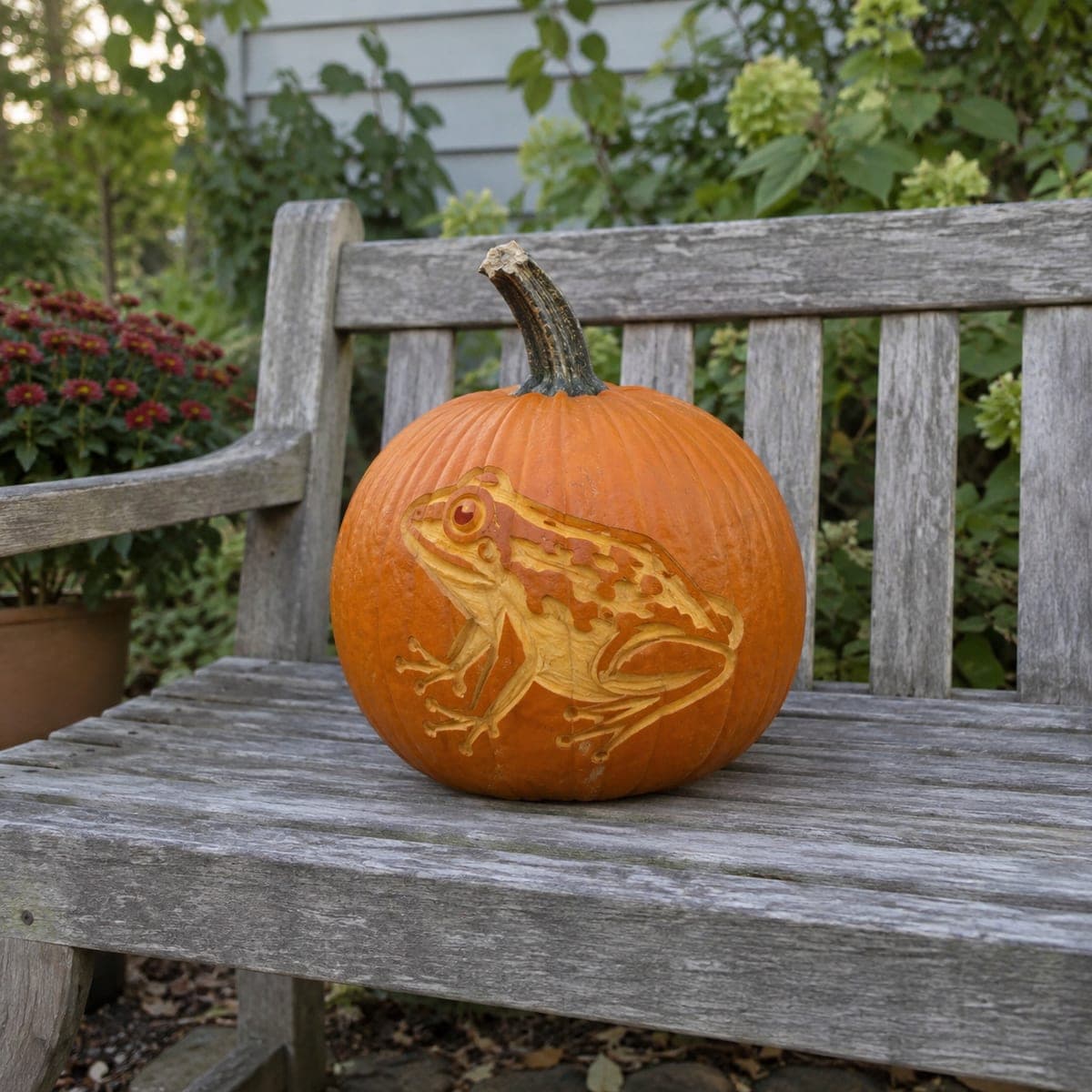 Spotted Frog Etched Pumpkin for the Garden Bench