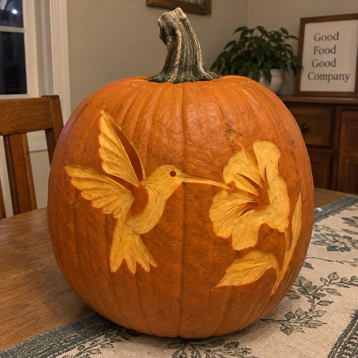 Hummingbird and Trumpet Flower Carved Pumpkin