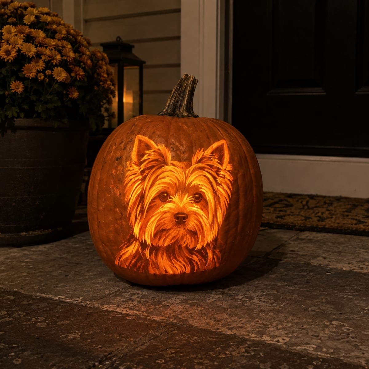 Yorkshire Terrier Glowing Pumpkin Portrait