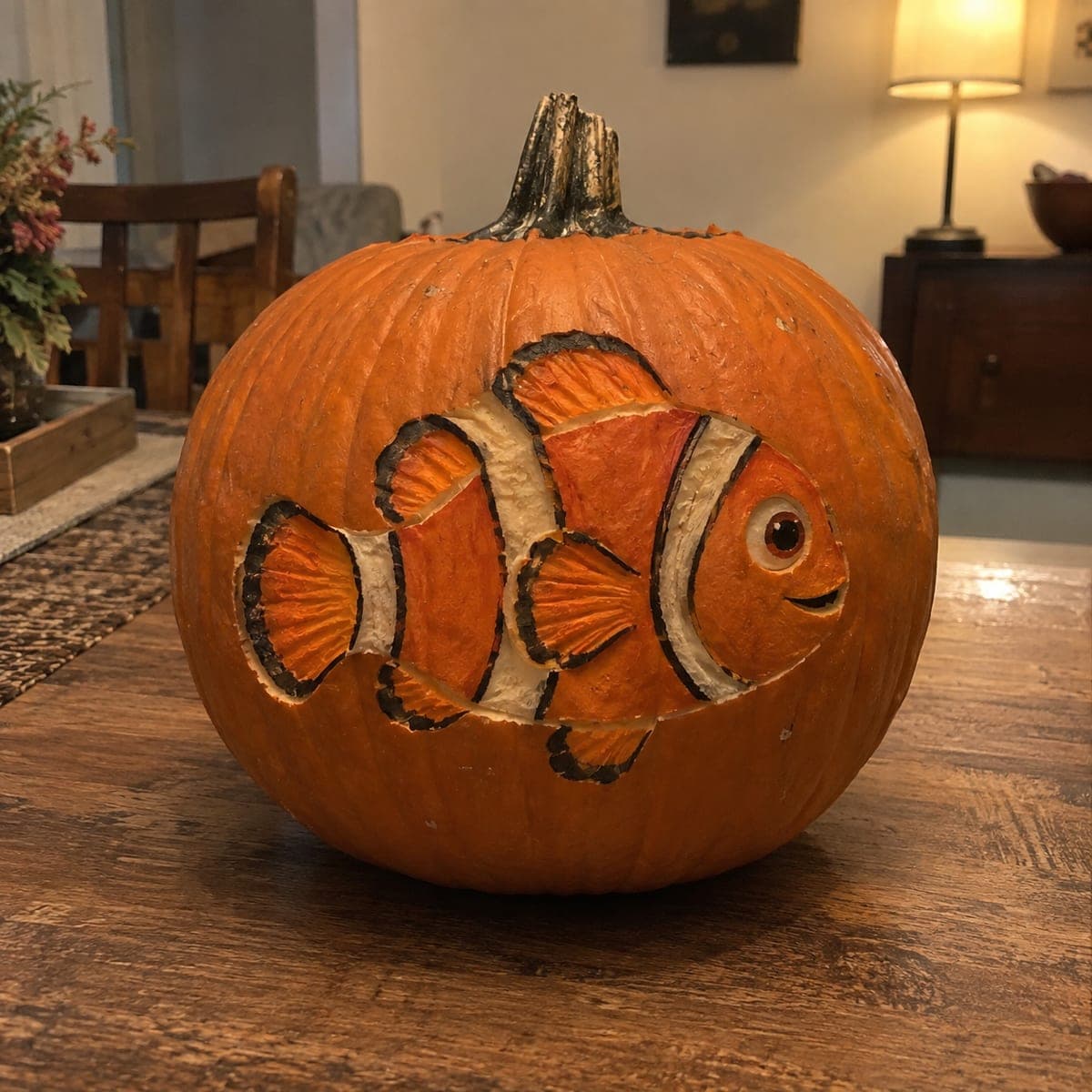 Tropical Clownfish Carved and Painted Pumpkin