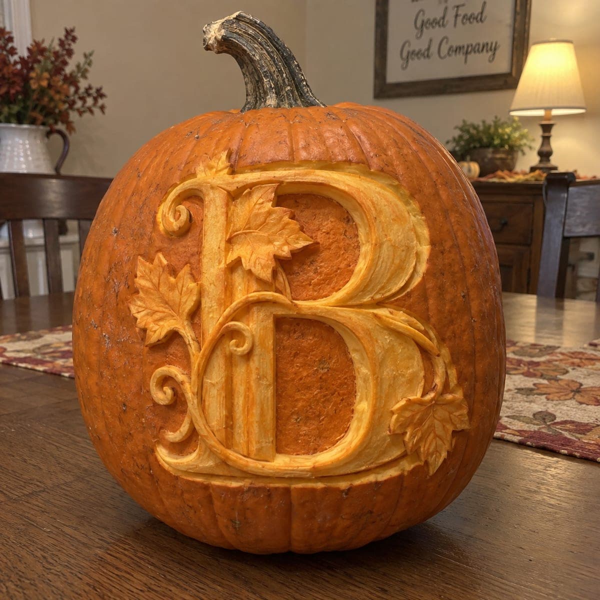 Ornate Letter B Monogram Pumpkin With Autumn Leaves