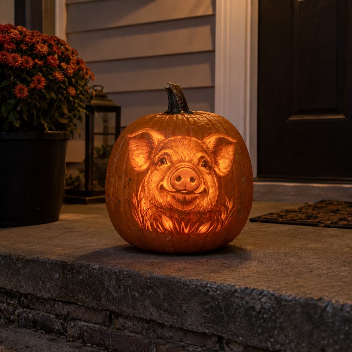 Smiling Pig Portrait Glowing Pumpkin Carving