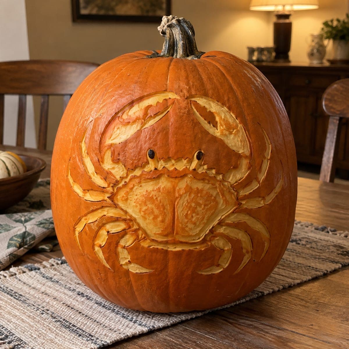 Detailed Crab Carved Pumpkin for Coastal Fall Decor