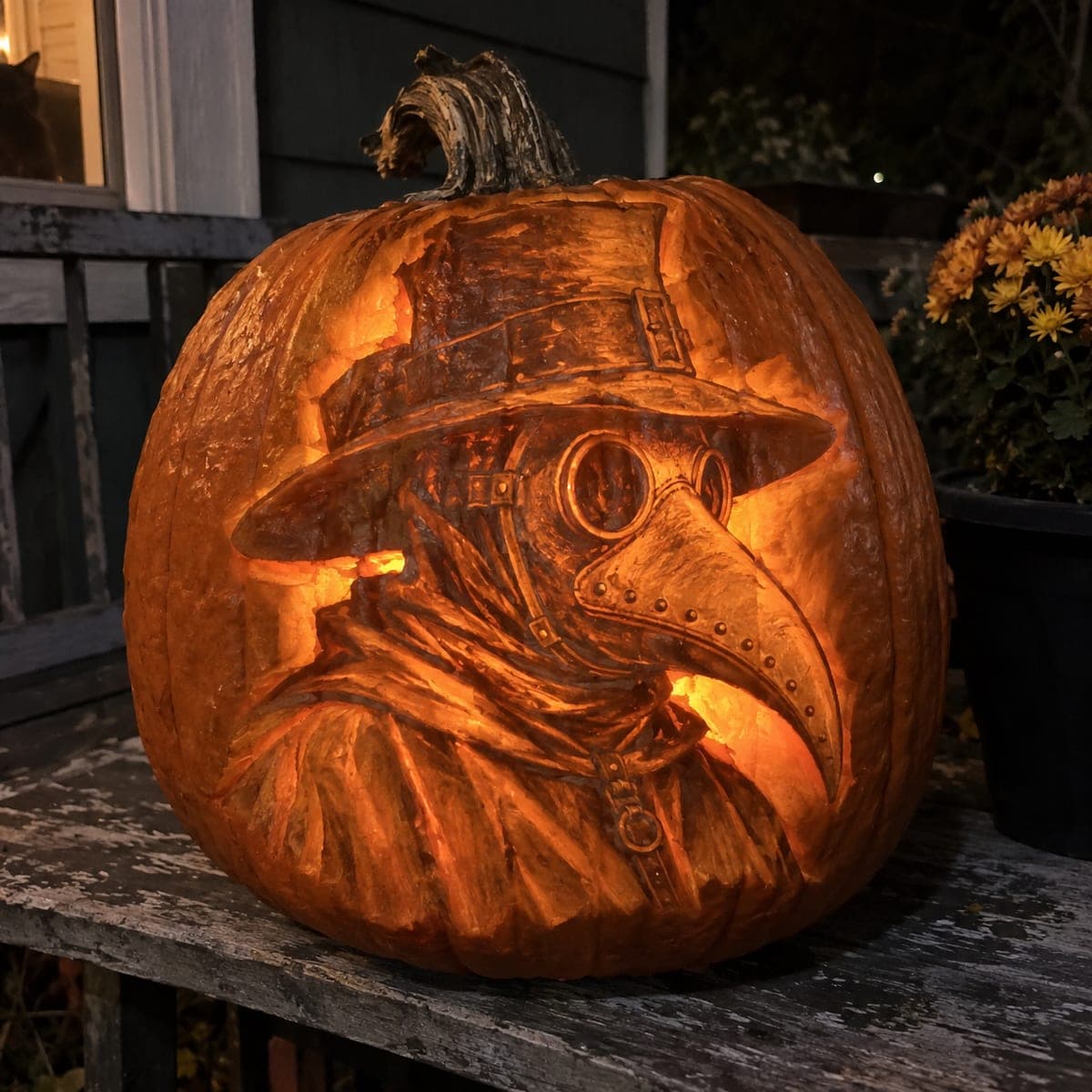 Plague Doctor Carved Pumpkin With Glowing Mask