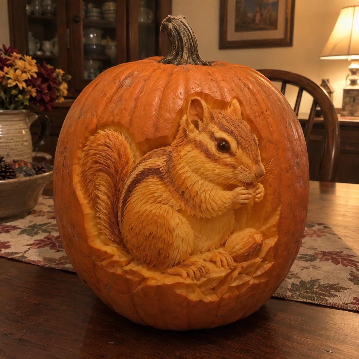 Lifelike Chipmunk Relief Carved Pumpkin