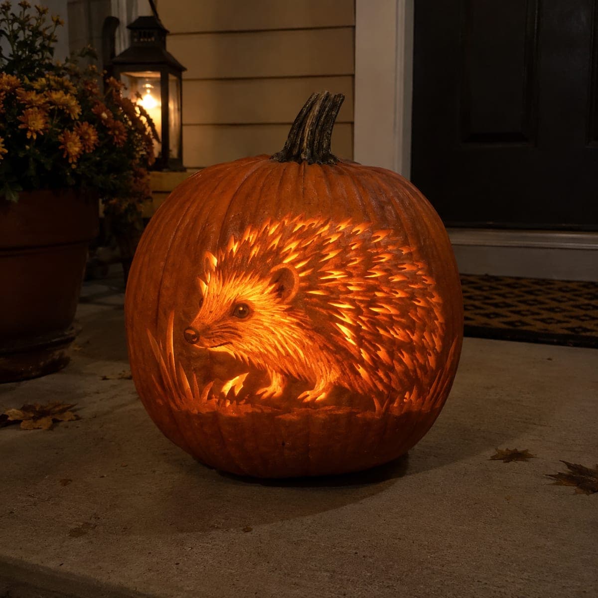 Glowing Hedgehog Pumpkin With Etched Quills