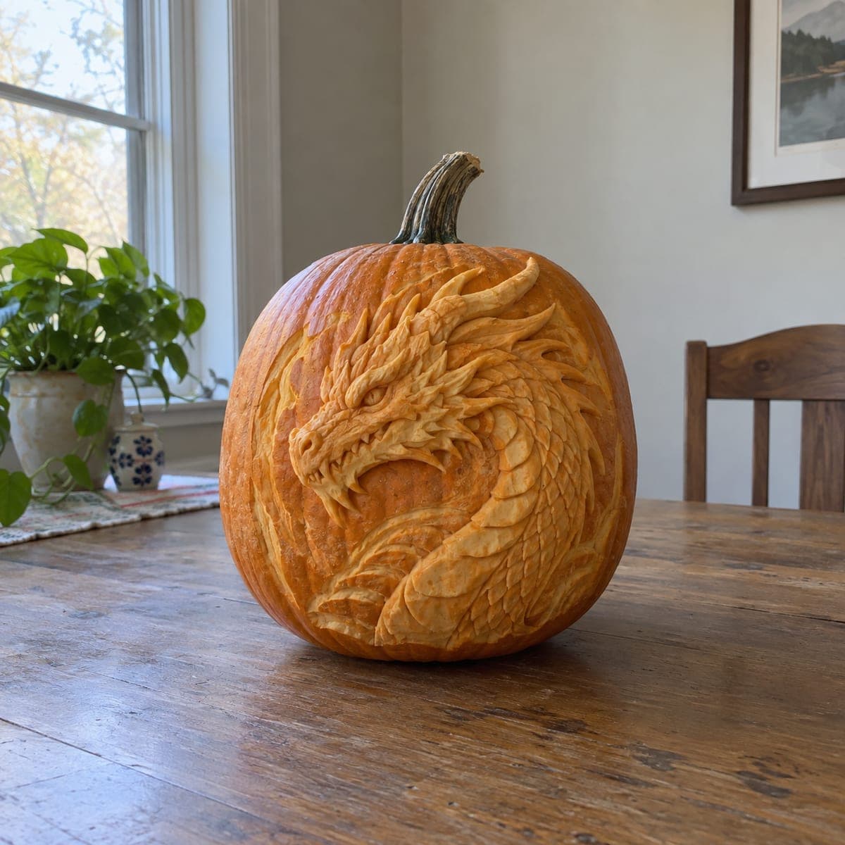 Scaled Dragon Head Relief Pumpkin Carving