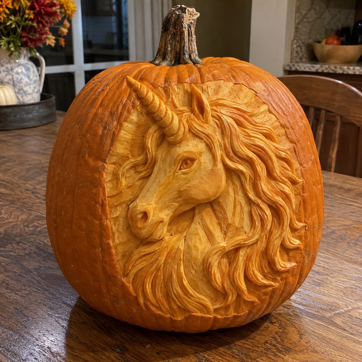 Flowing Mane Unicorn Relief Carved Pumpkin