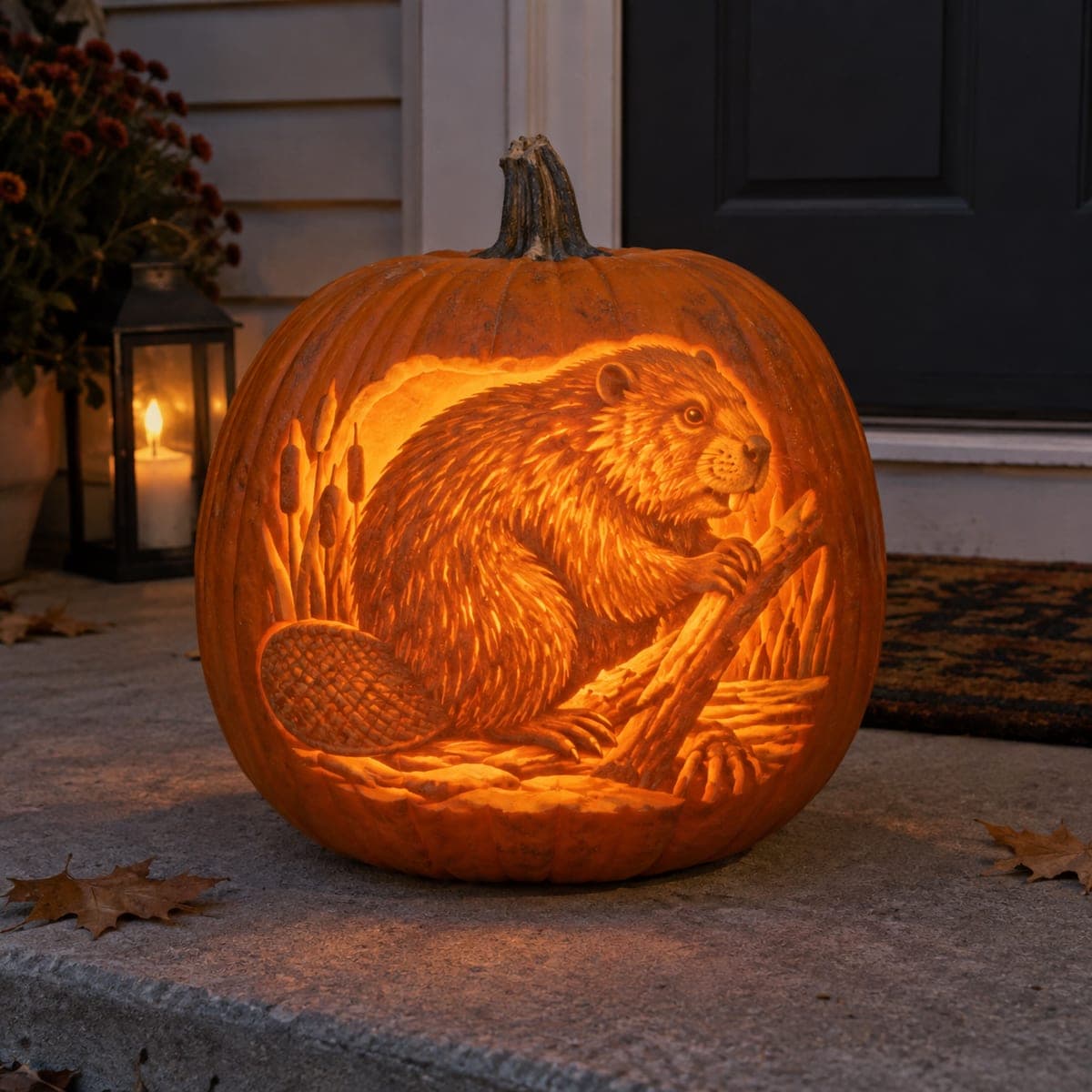 Busy Beaver Gnawing a Branch Carved Pumpkin