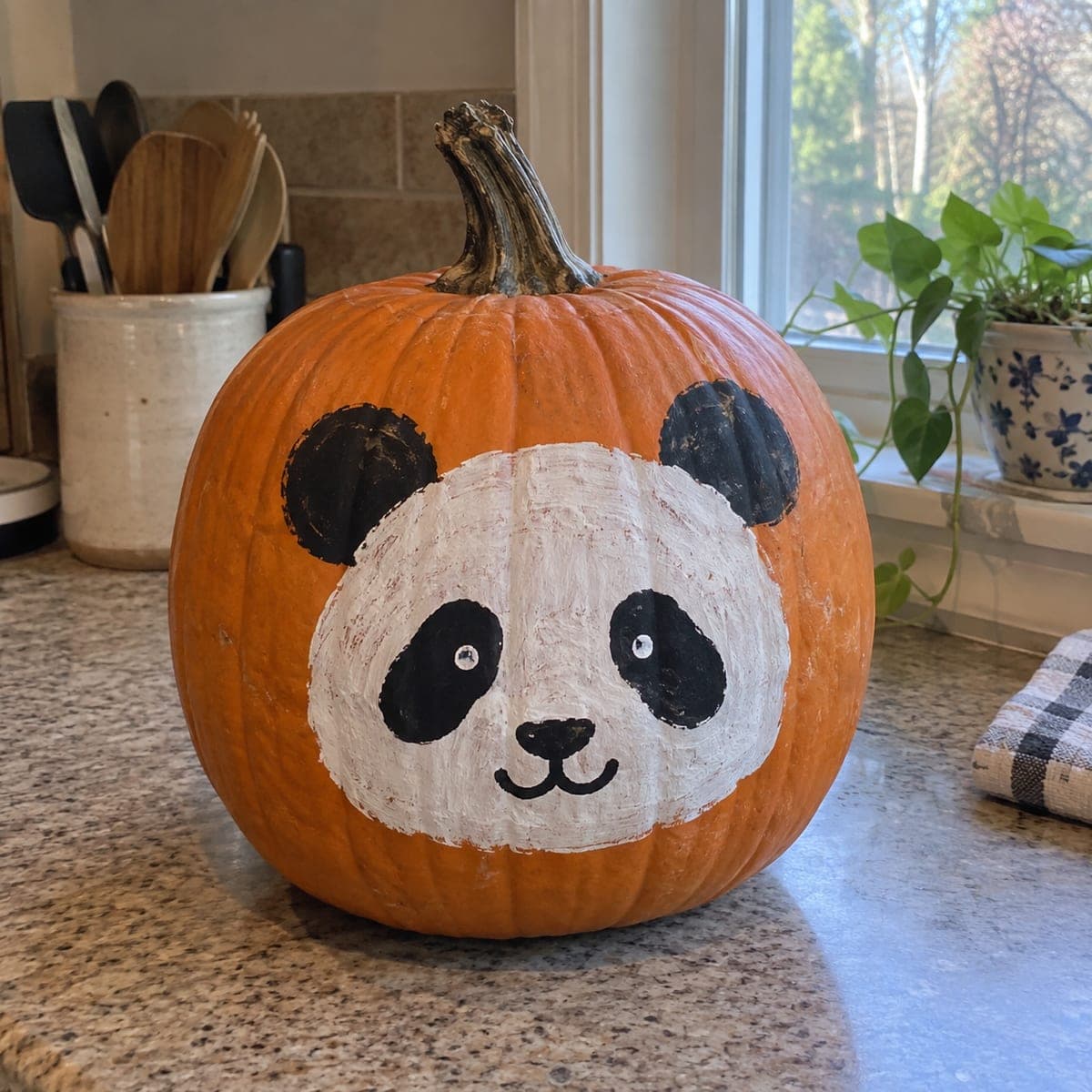 Smiling Panda Face Painted Pumpkin