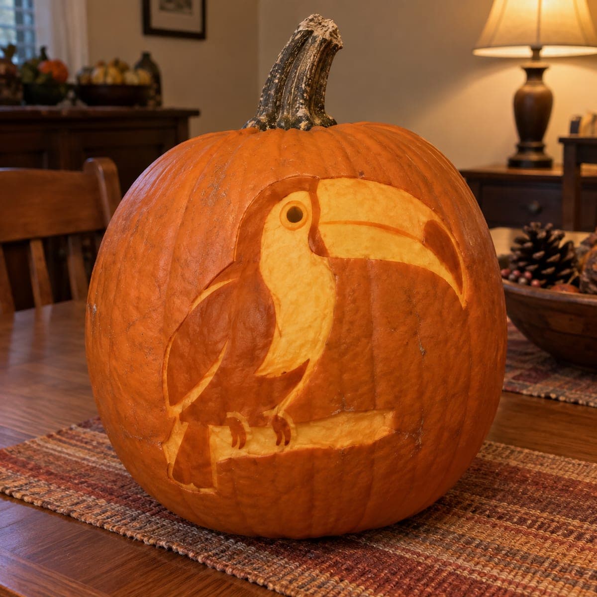 Toucan on a Branch Carved Pumpkin