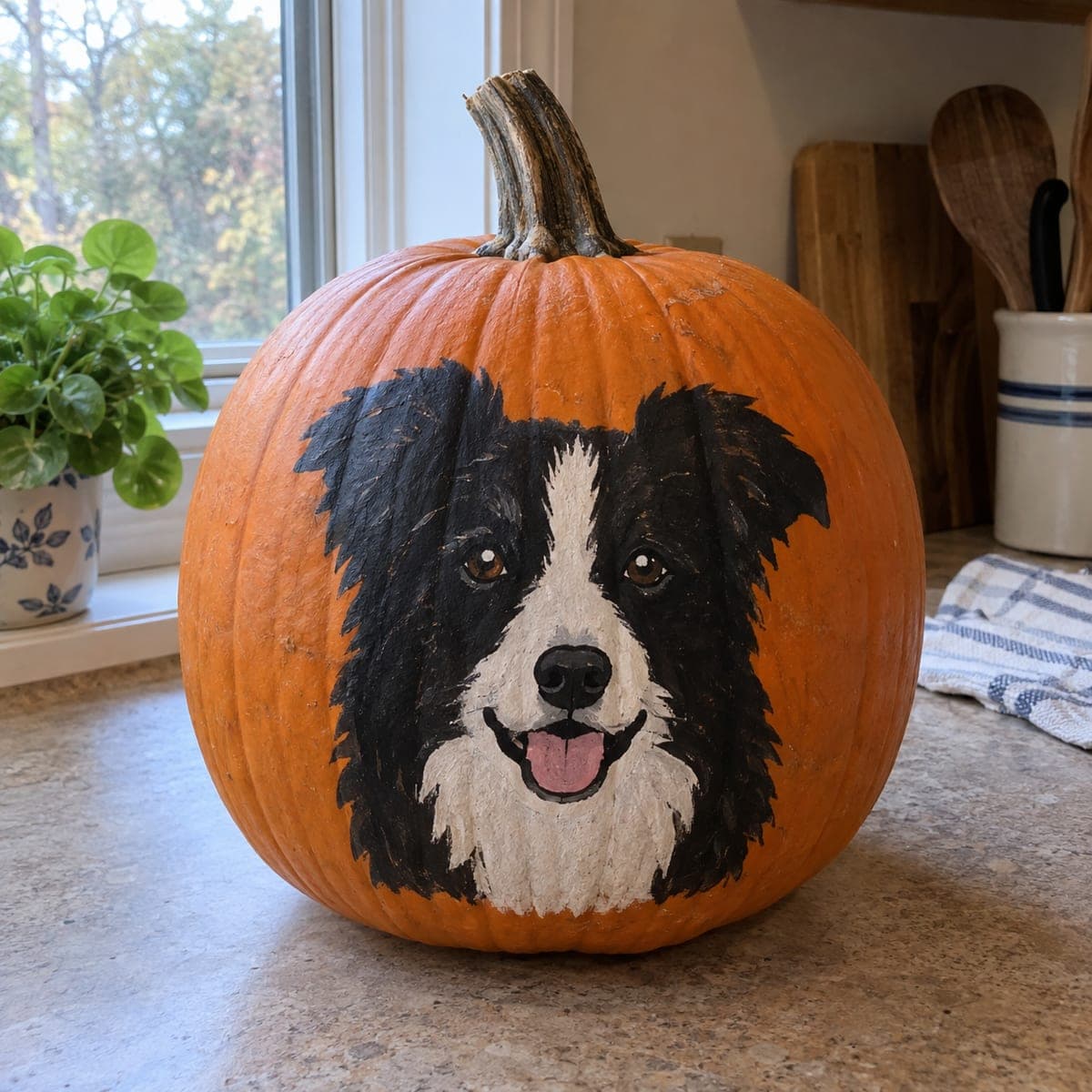 Border Collie Portrait Painted Pumpkin