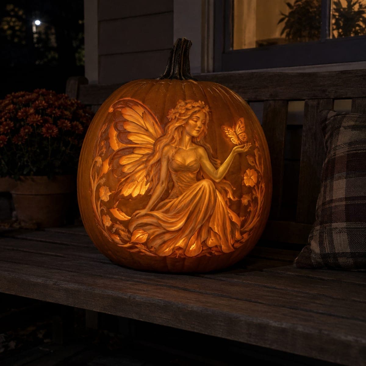 Woodland Fairy With Butterfly Carved Pumpkin