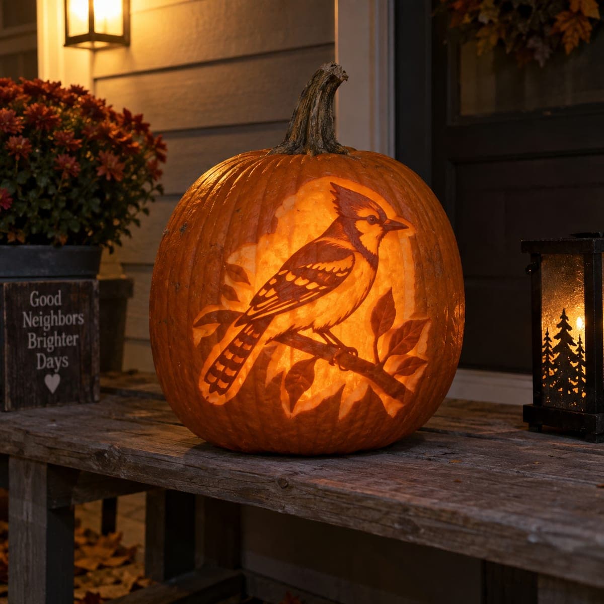 Blue Jay on Autumn Branch Pumpkin Carving