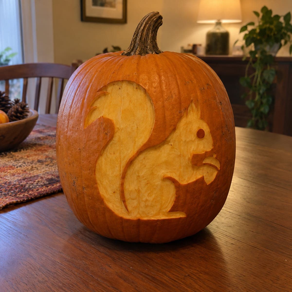Squirrel Holding an Acorn Carved Pumpkin