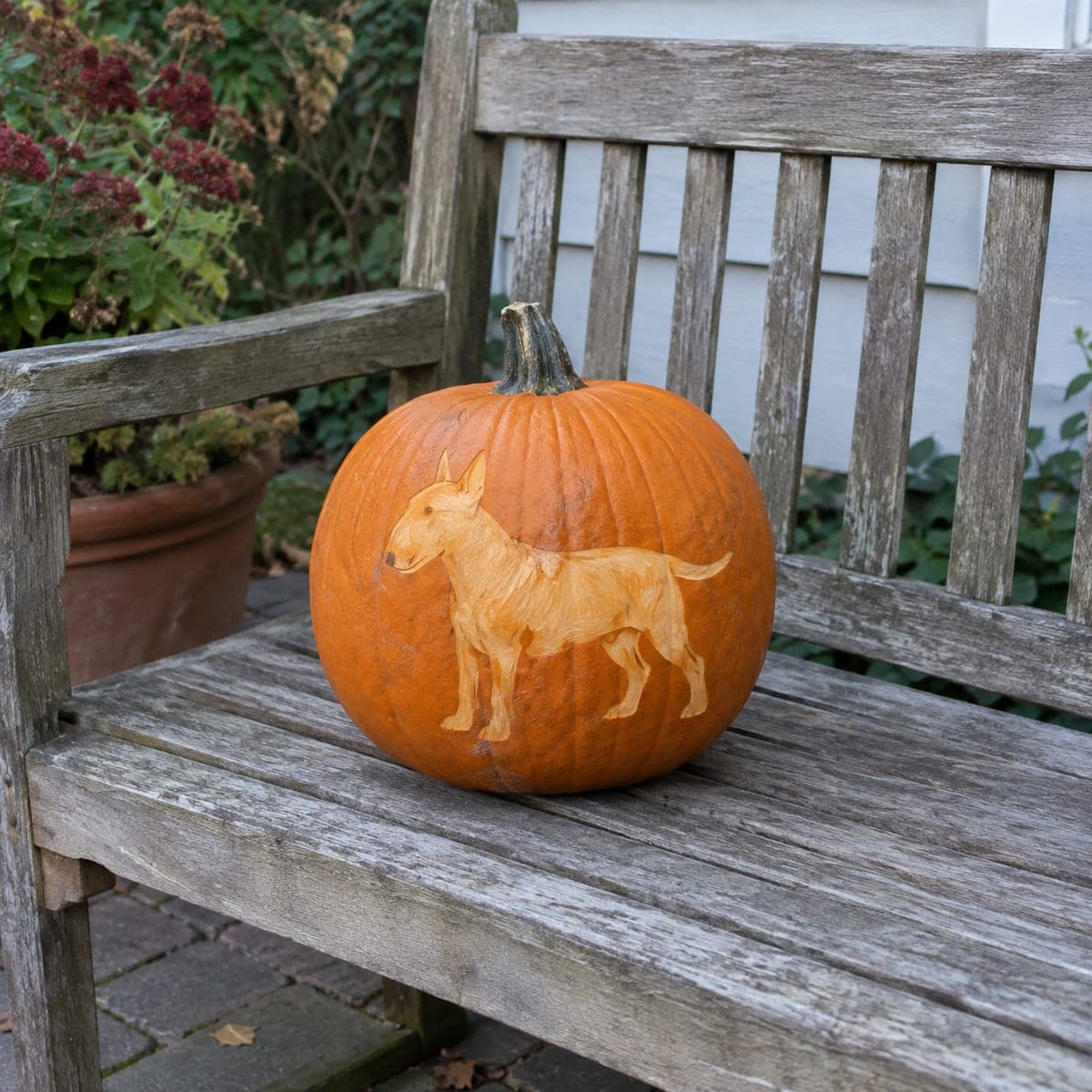 Bull Terrier Dog Etched Pumpkin Portrait