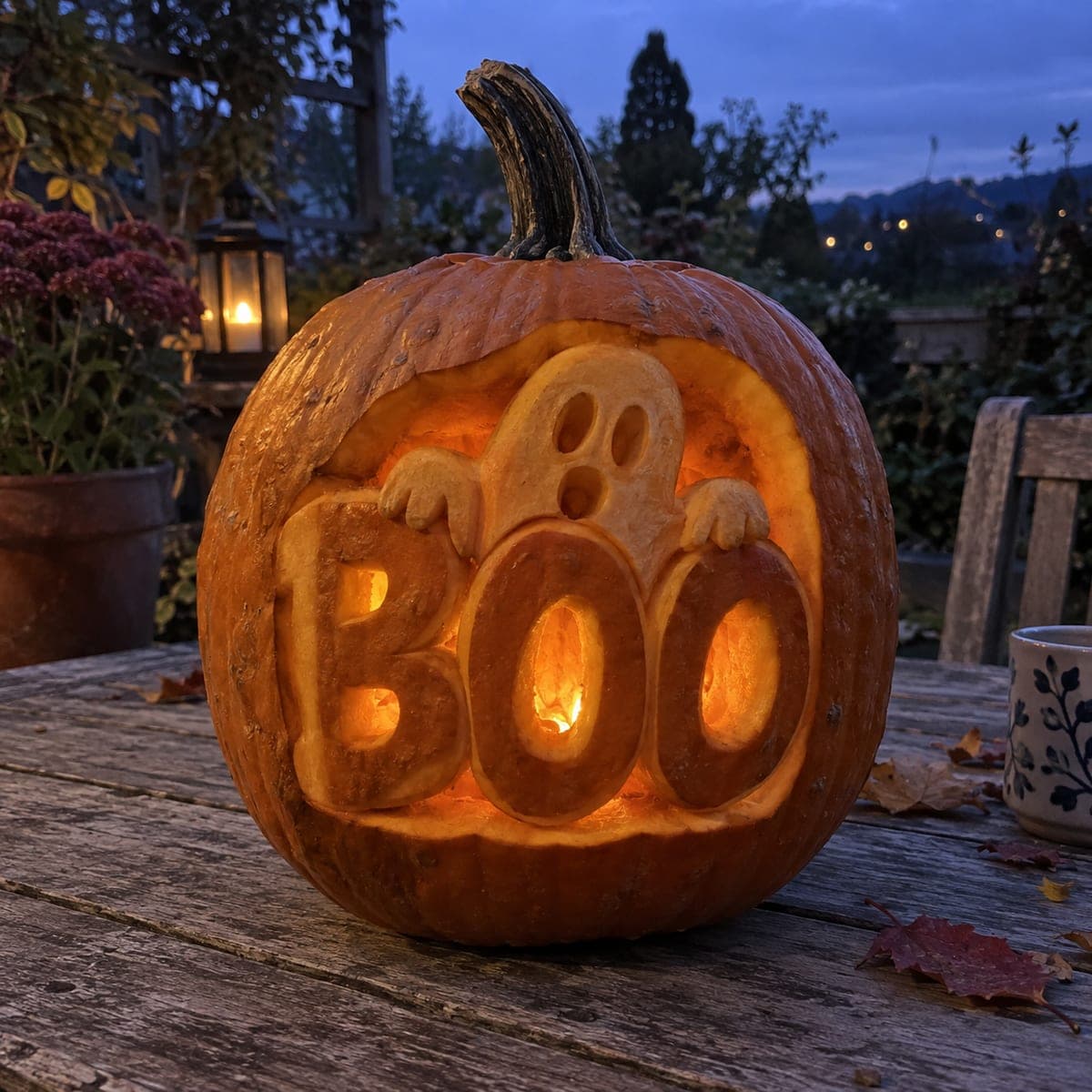 Ghost Peeking Over BOO Letters Pumpkin