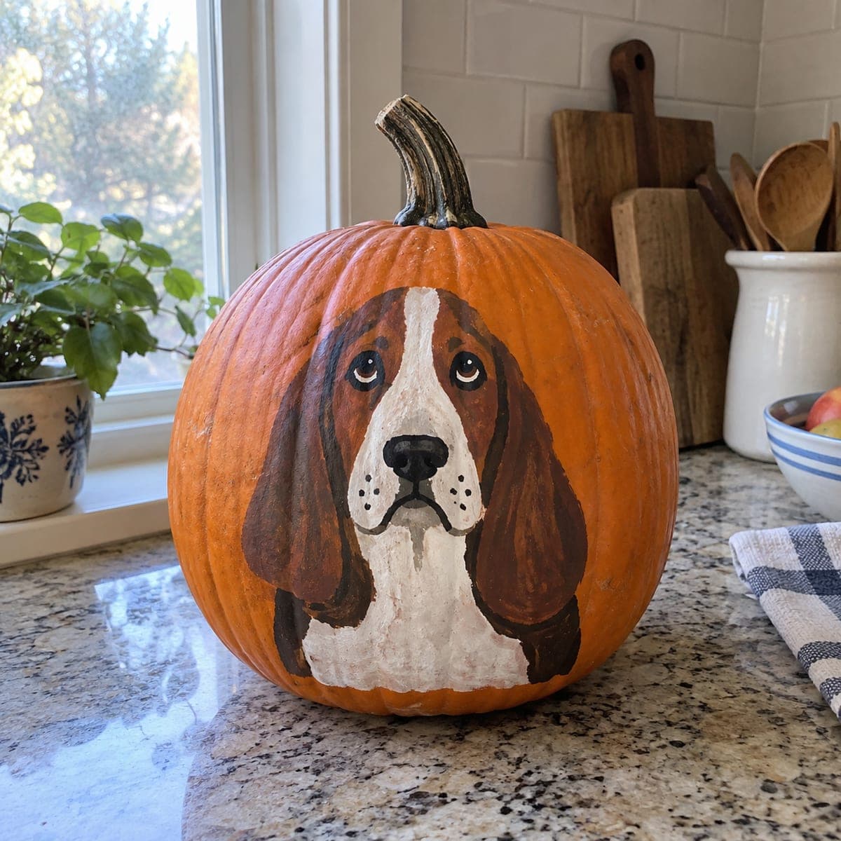 Basset Hound Portrait Painted Pumpkin