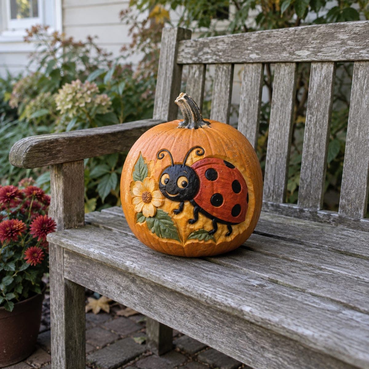 Ladybug and Daisy Relief Carved Pumpkin