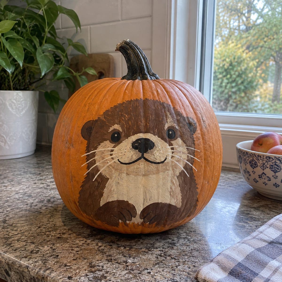 Cute Otter Face Painted Pumpkin