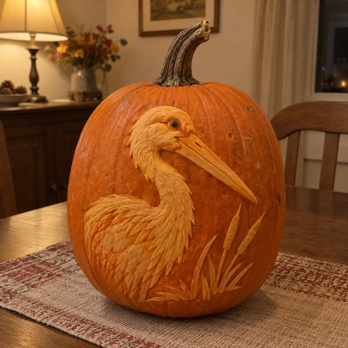 Carved Heron and Cattails Pumpkin Relief