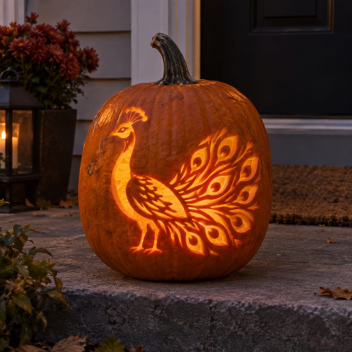 Peacock Jack-O-Lantern With Fanned Tail Feathers