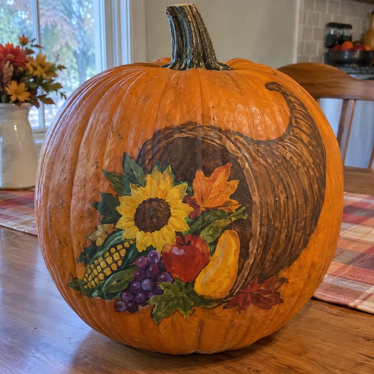 Sunflower Cornucopia Harvest Painted Pumpkin