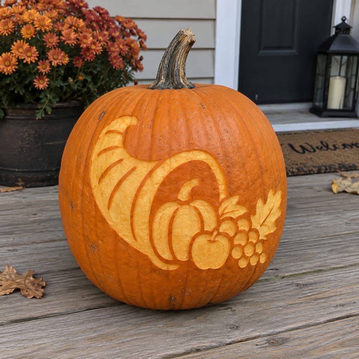 Etched Cornucopia Thanksgiving Pumpkin Carving