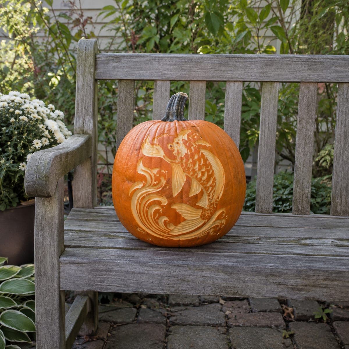 Koi Fish and Waves Etched Pumpkin