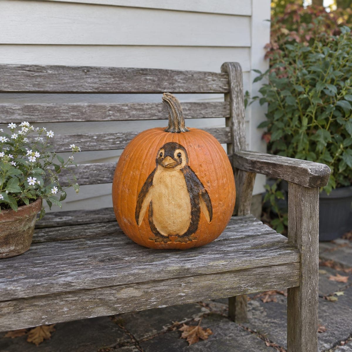 Penguin Painted Pumpkin on a Porch Bench