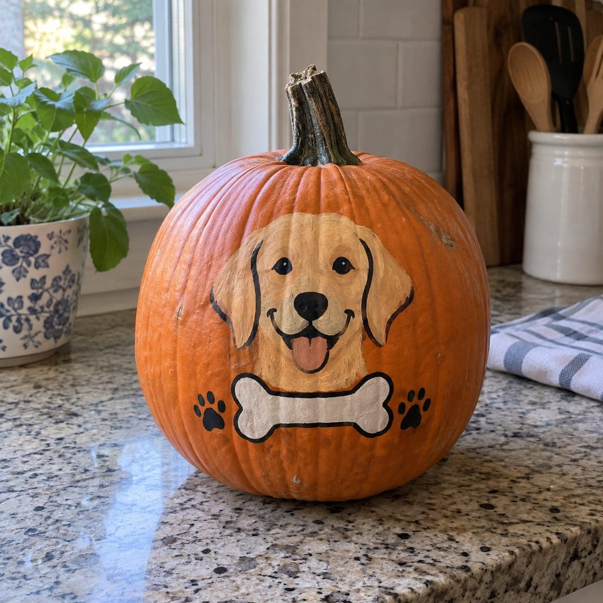 Golden Retriever Puppy and Bone Painted Pumpkin