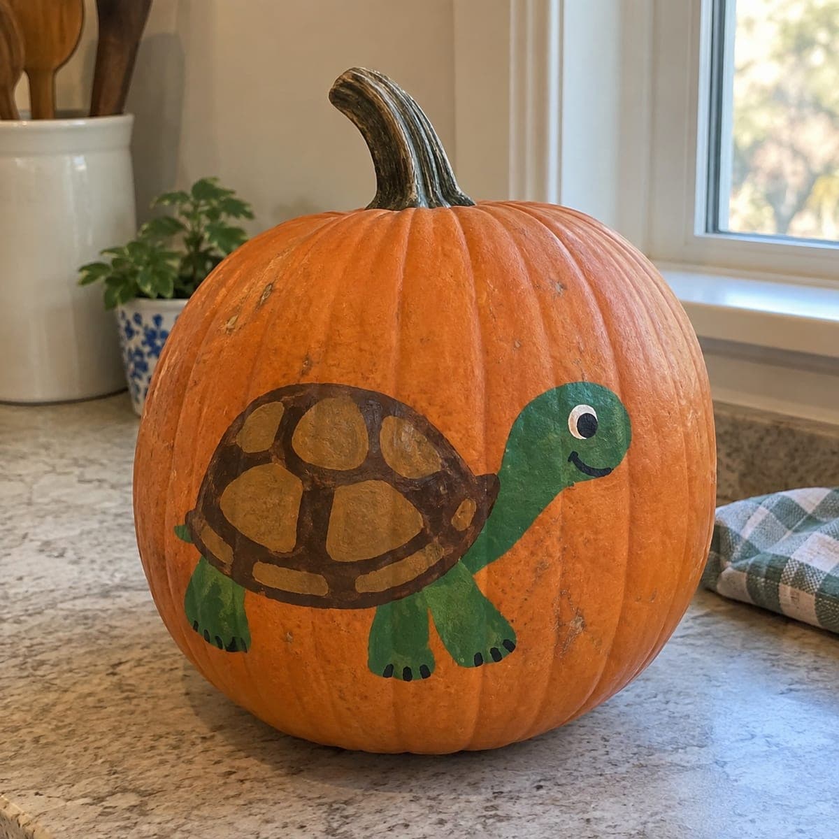 Smiling Brown Shell Turtle Painted Pumpkin