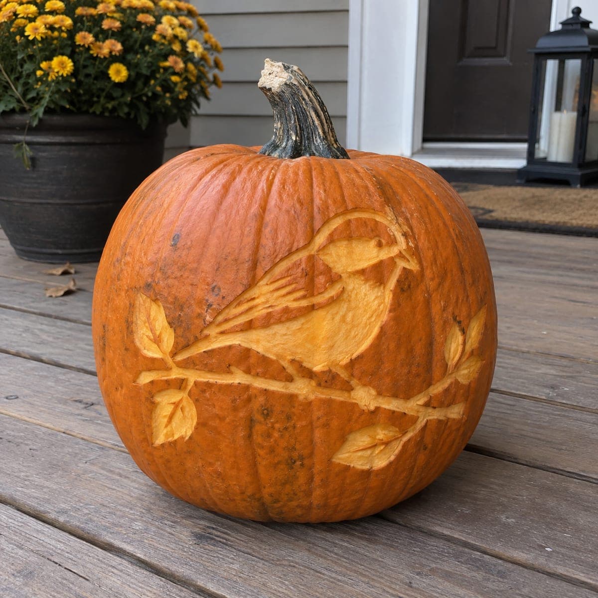 Chickadee on a Branch Etched Pumpkin