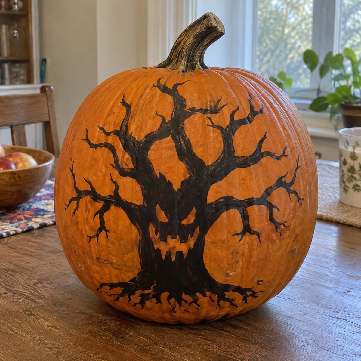 Haunted Tree Face Painted Pumpkin Design