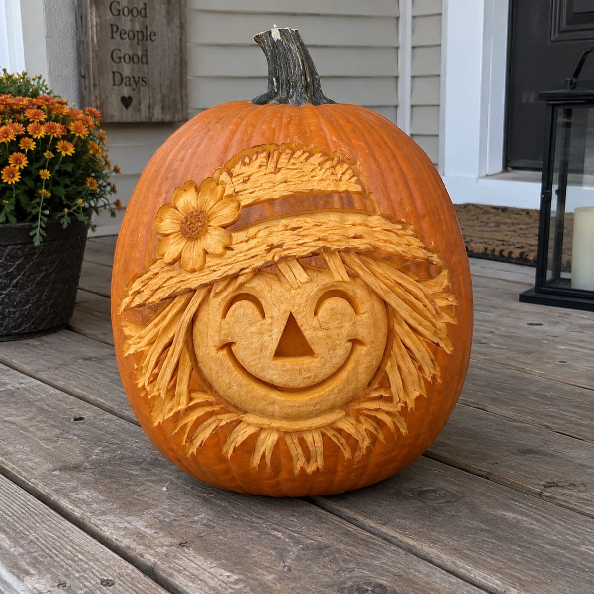 Straw Hat Scarecrow Relief Carved Pumpkin