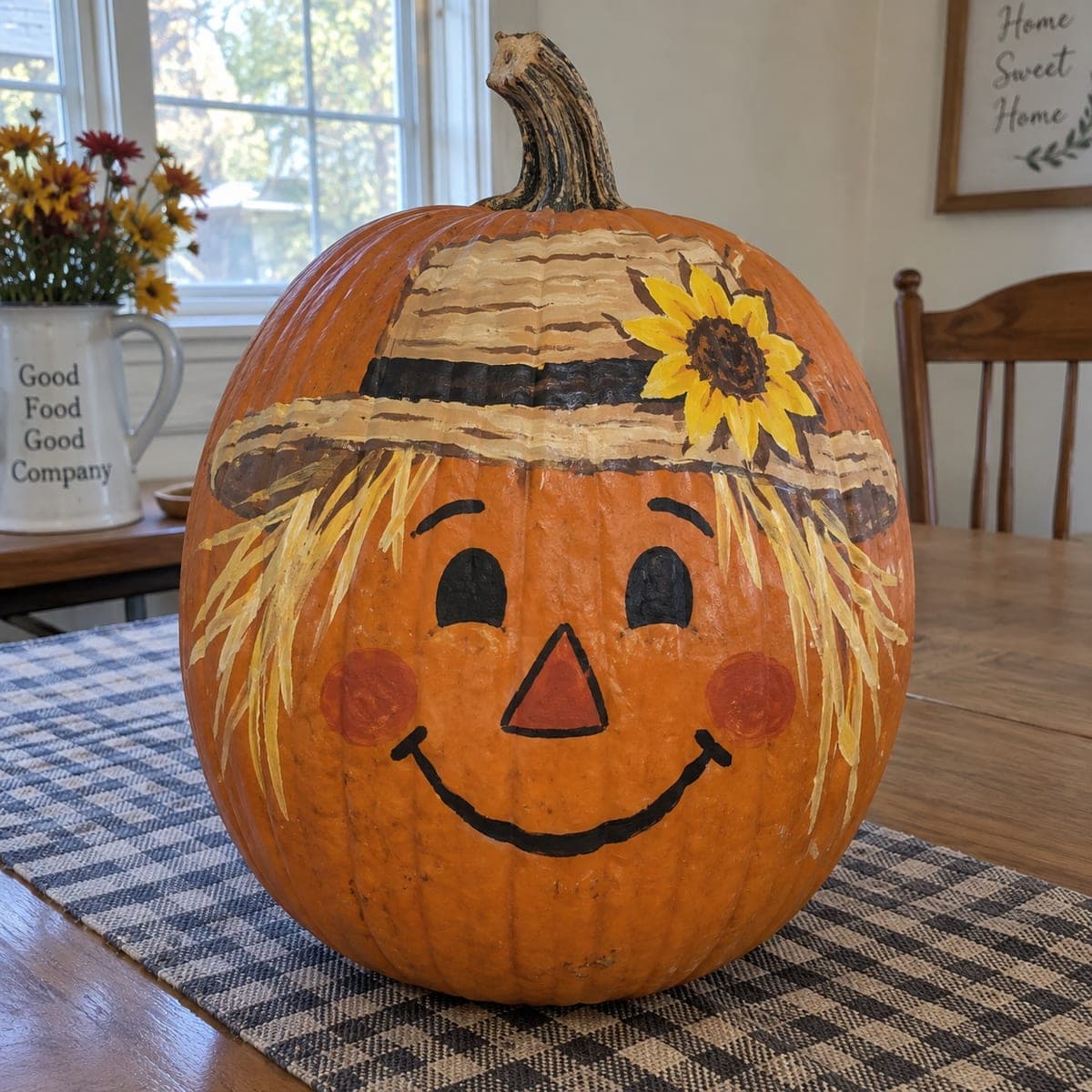 Cheerful Scarecrow Face Painted Pumpkin